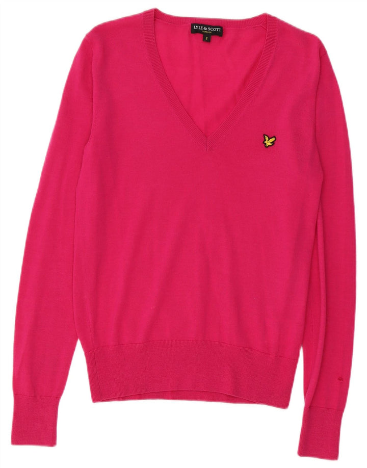 Lyle & Scott Jersey con cuello en V para mujer UK 10 Small Pink Merino Wool