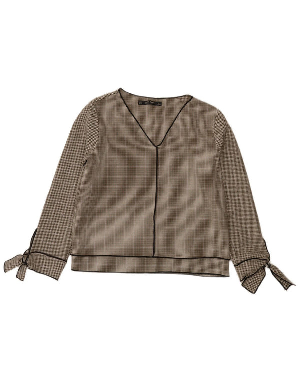 Zara Mujer Blusa De Manga Larga Top UK 10 Small Gris Houndstooth