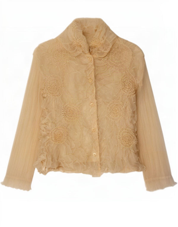 Vintage mujer camisa blusa Reino Unido 14 poliéster floral beige grande