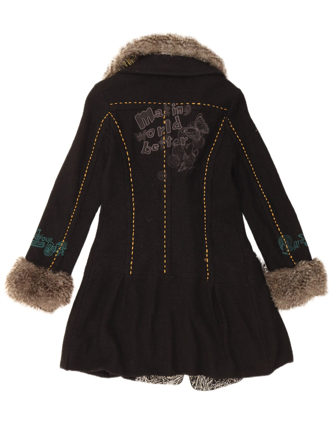 Desigual Abrigo gráfico de doble botonadura para mujer EU 36 Pequeño Lana floral negra