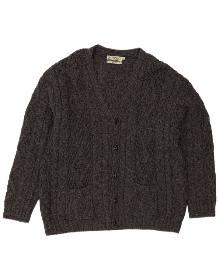 Aran Crafts Suéter tipo cárdigan para hombre de lana gris grande