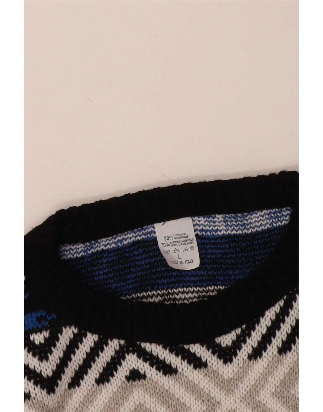Vintage hombres cuello redondo jersey suéter grande multicolor lana geométrica
