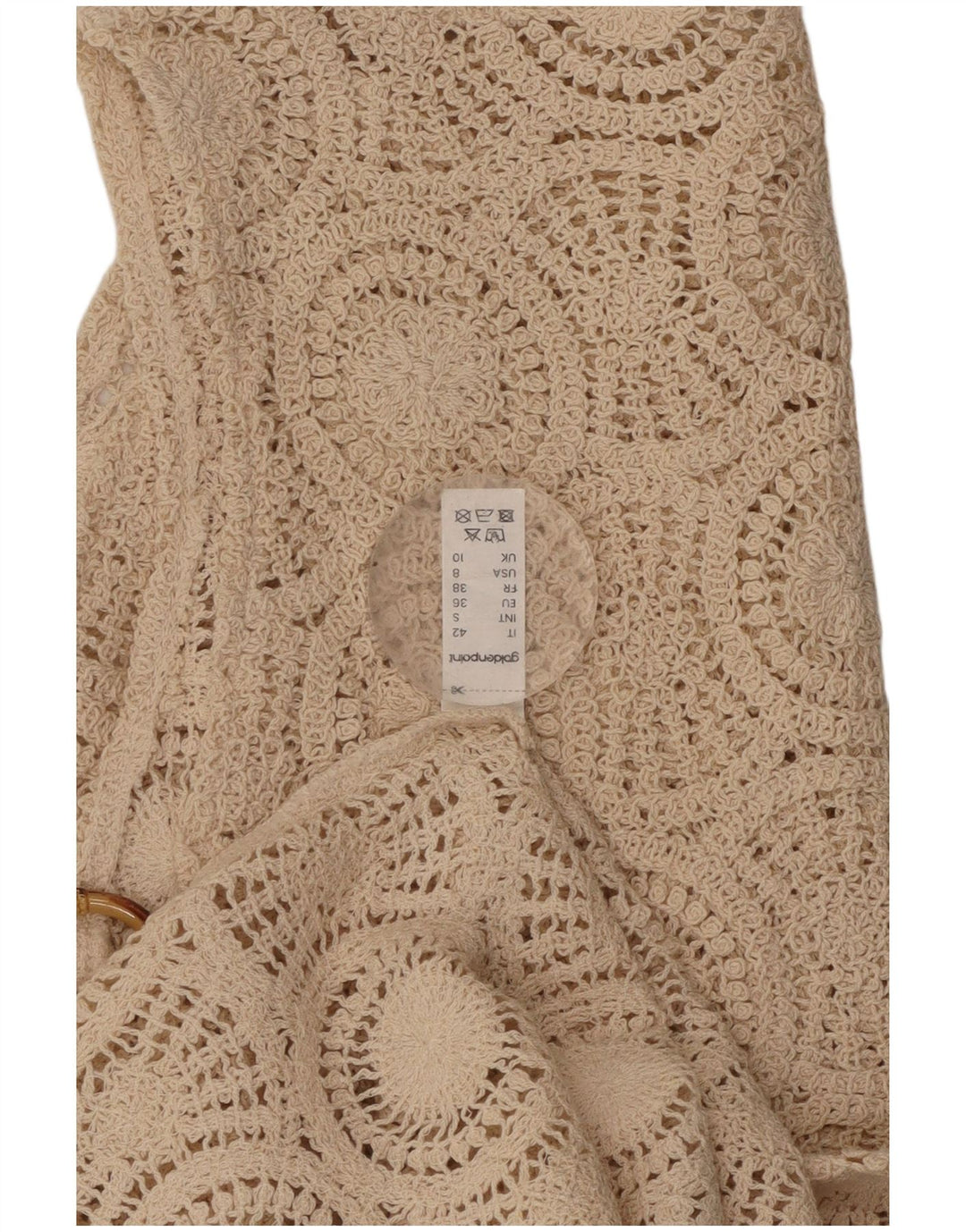 VINTAGE Mujer Crochet Sin Mangas Vestido Reino Unido 10 Pequeño Algodón Beige