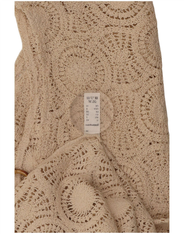 VINTAGE Mujer Crochet Sin Mangas Vestido Reino Unido 10 Pequeño Algodón Beige