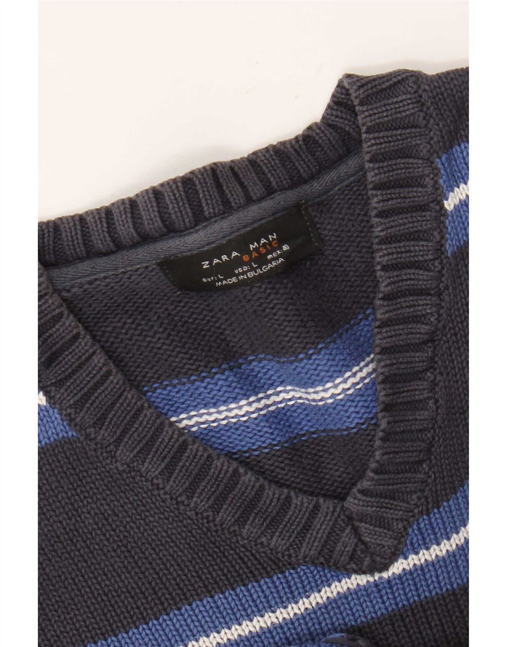Zara Hombre Jersey Con Cuello En V Jersey Grande Gris Rayas