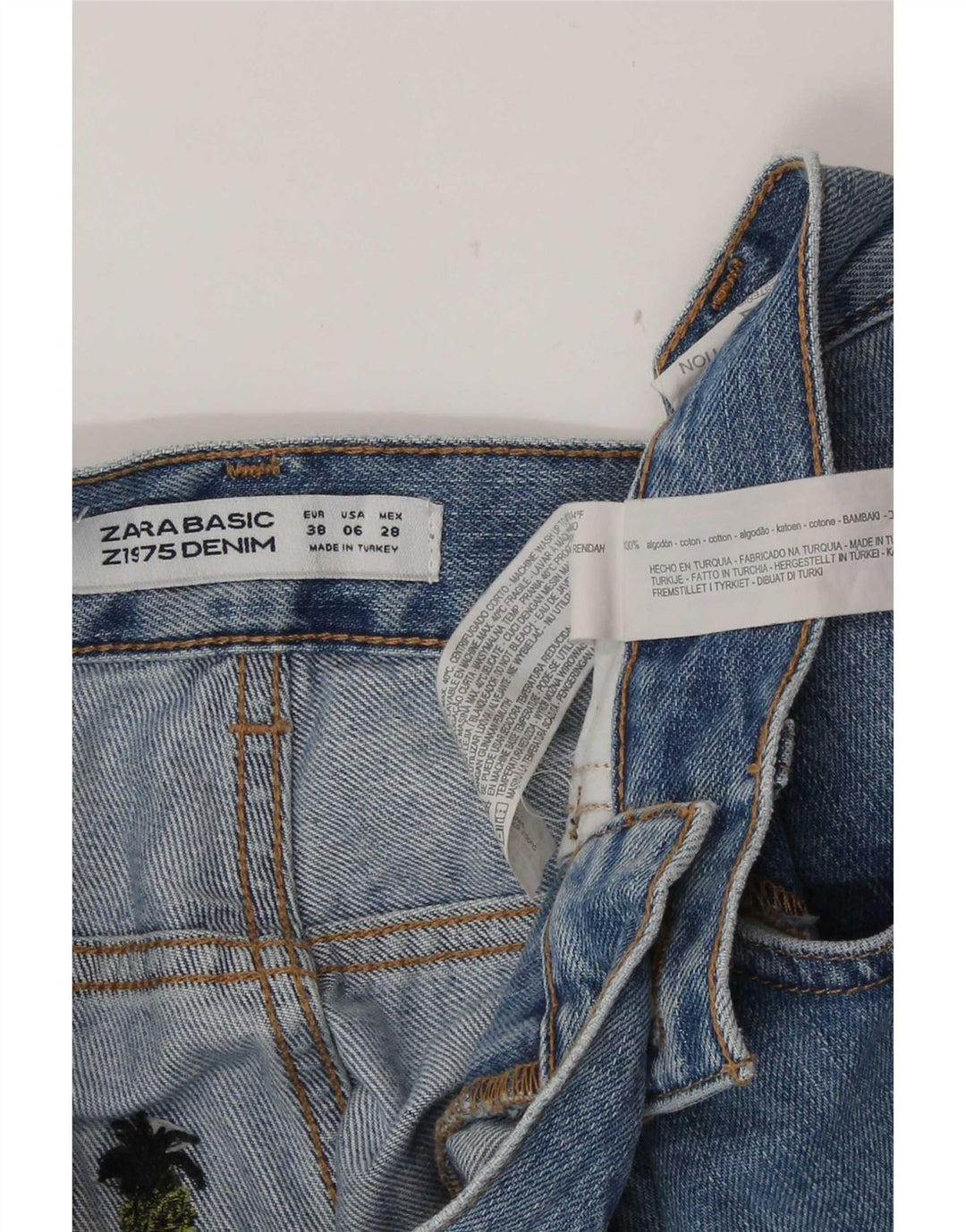 Zara Pantalones cortos de mezclilla con estampado abstracto para mujer EU 38 Small W28 Algodón azul