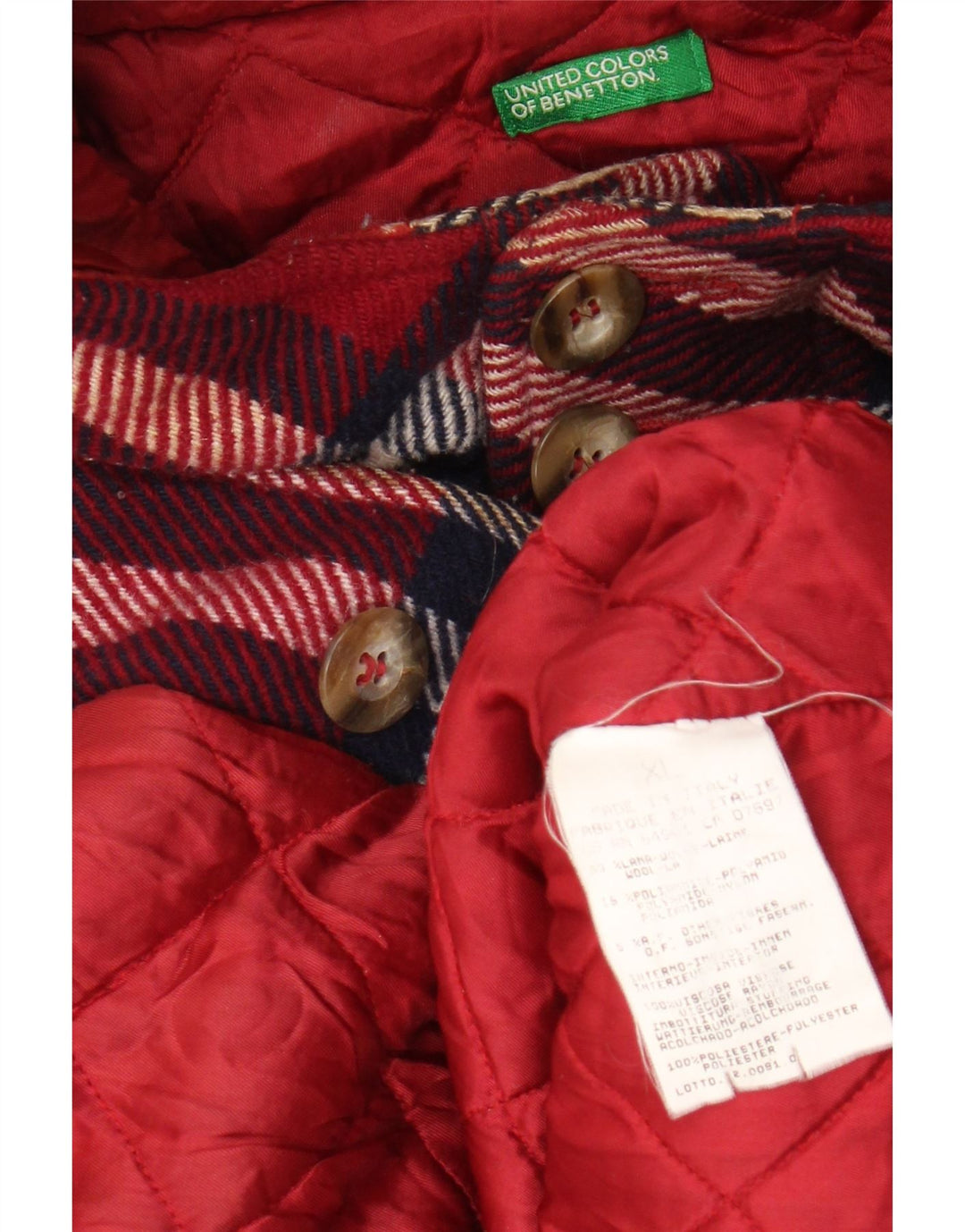 BENETTON Abrigo con capucha para mujer UK 18 XL Lana a cuadros rojos