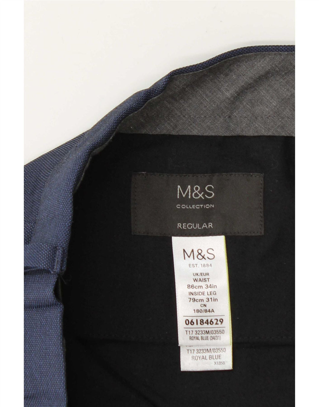Marks & Spencer Pantalón de traje de corte regular para hombre W34 L31 Poliéster azul marino