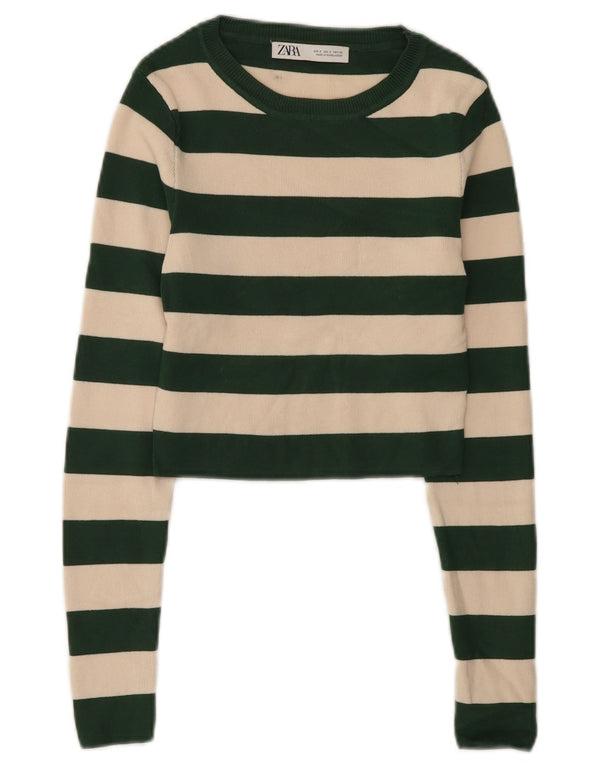 Zara Womens Crop Top Long Sleeve UK 8 Small Green Striped Viscose