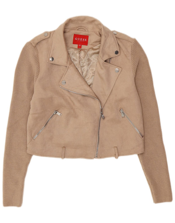GUESS Chaqueta motera de punto corto para mujer UK 46 Large Beige