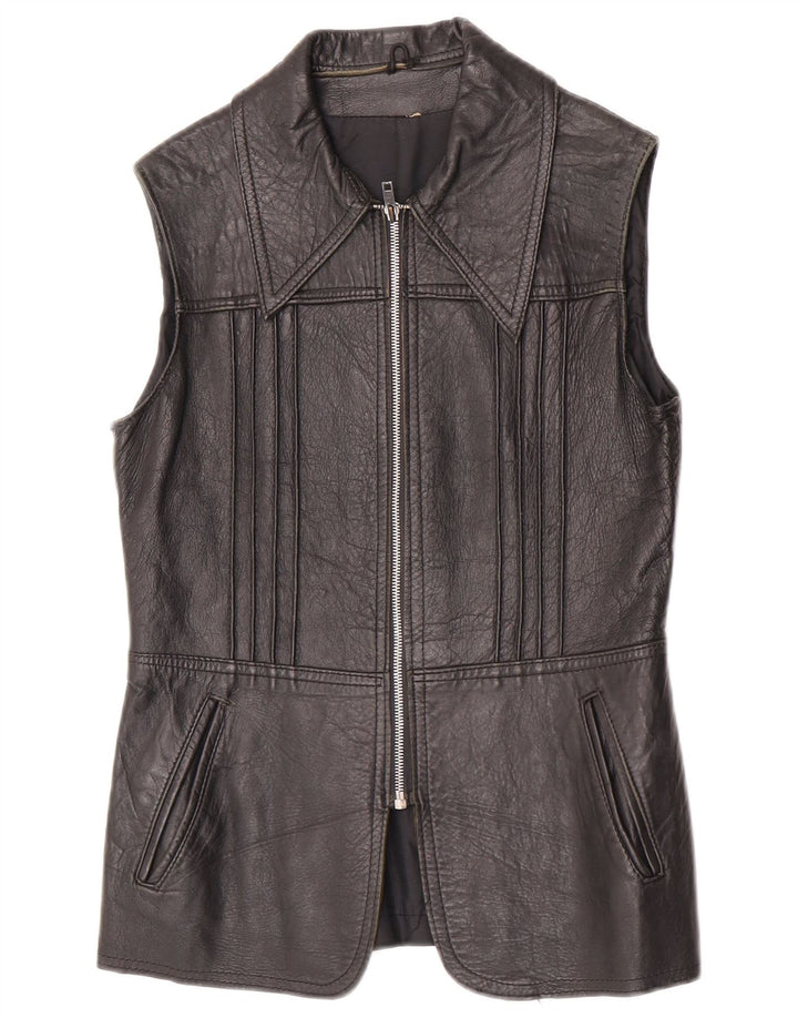 Vintage mujer cuero Gilet Reino Unido 10 pequeño cuero negro