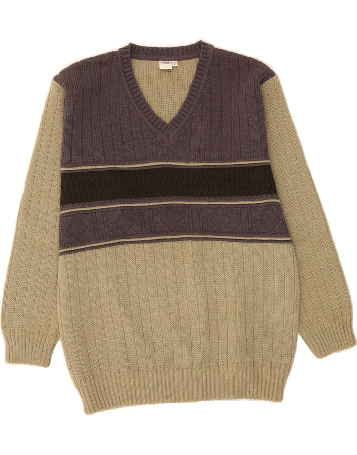 VINTAGE Mens V-Neck Jumper Sweater Medium Beige Colourblock Acrylic Vintage Vintage and Second-Hand Vintage from Messina Hembry 