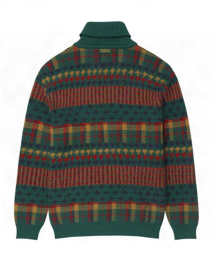 Vintage hombres rollo cuello jersey suéter medio verde rayas