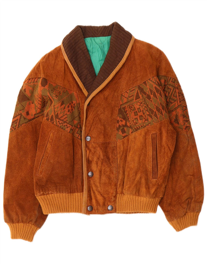 Vintage mujer bomber ante cortavientos chaqueta Reino Unido 14 marrón medio geométrico