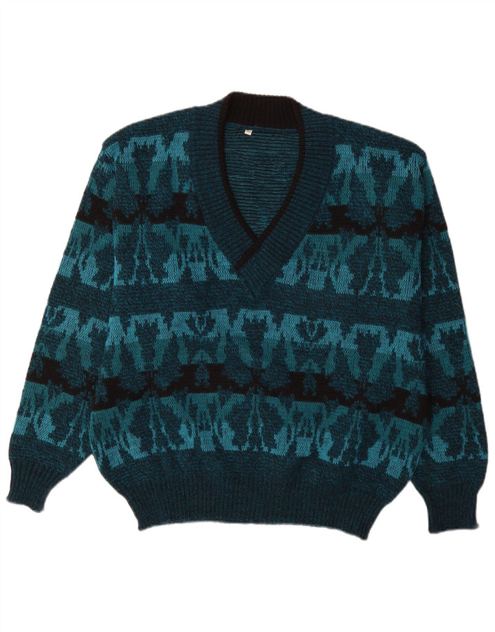 Vintage hombres V-cuello jumper suéter IT 50 azul medio Fair Isle