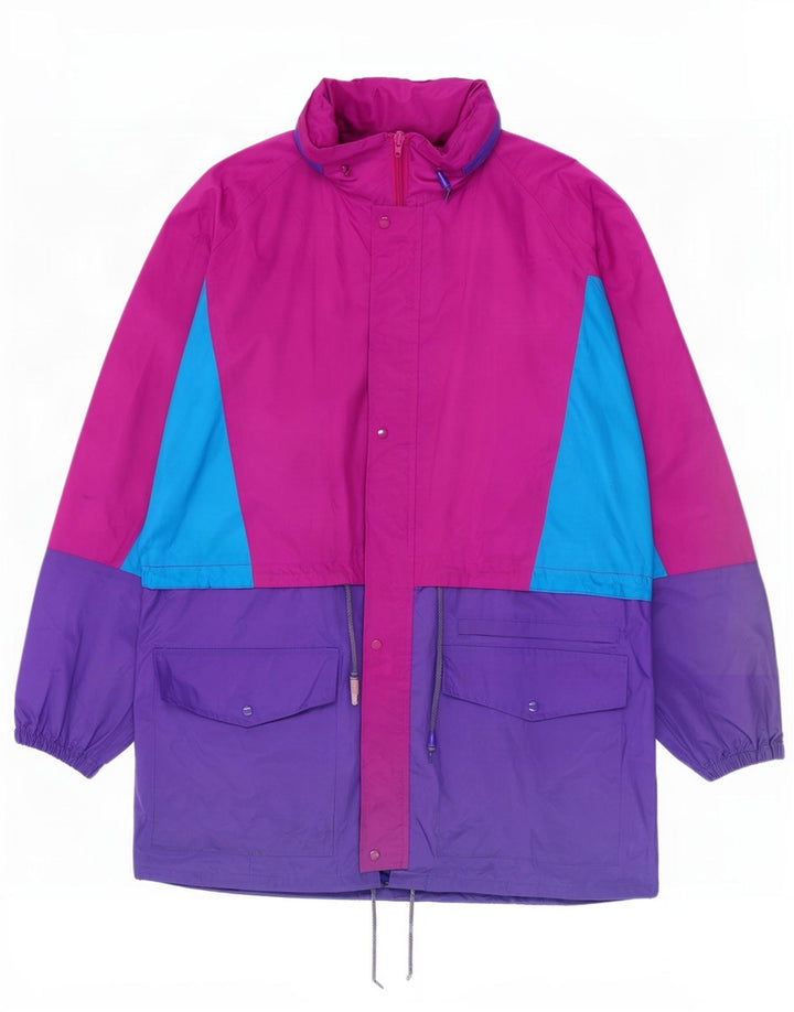 Vintage hombres con capucha chaqueta de lluvia Reino Unido 40 grande multicolor colorblock nylon