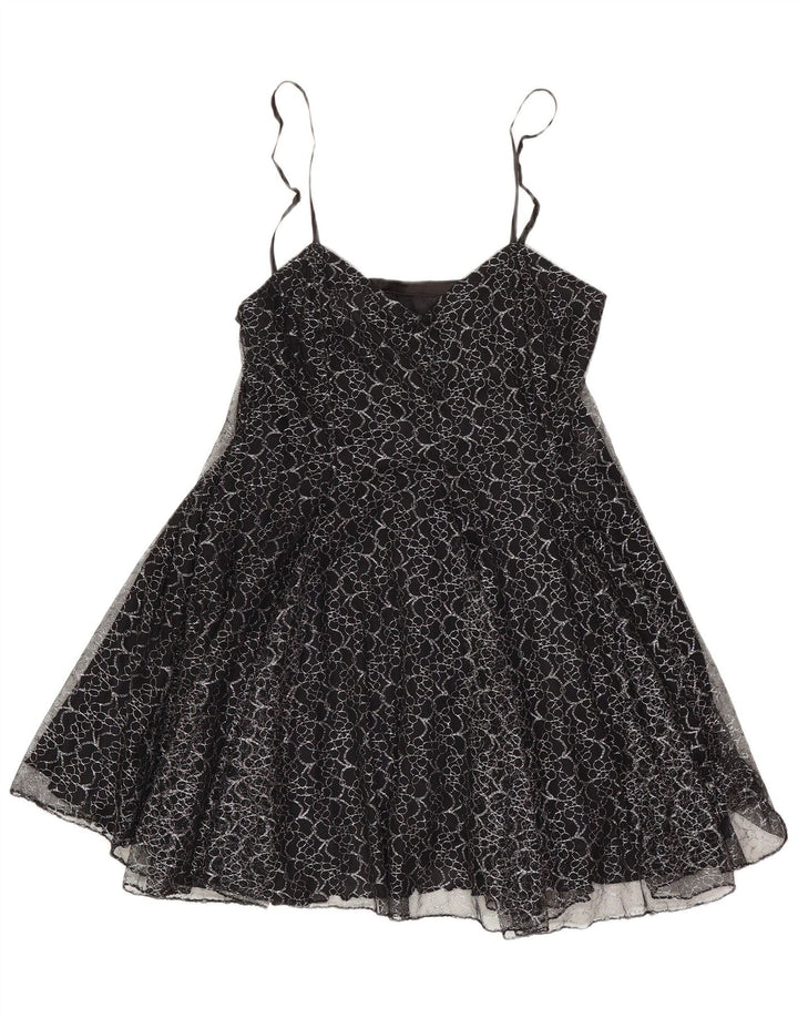 Vintage mujer Tutu vestido Reino Unido 8 pequeño negro floral poliéster