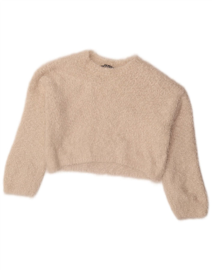 Zara - Jersey corto con cuello redondo para mujer, talla 40, poliéster blanco pequeño