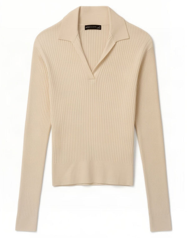 Marks & Spencer Suéter tipo jersey con cuello tipo polo para mujer UK 10 Small Off White
