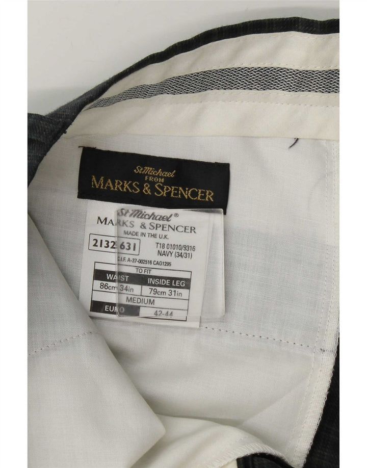 Marks & Spencer Pantalón de traje ajustado para hombre W34 L31 Lana a cuadros azul marino