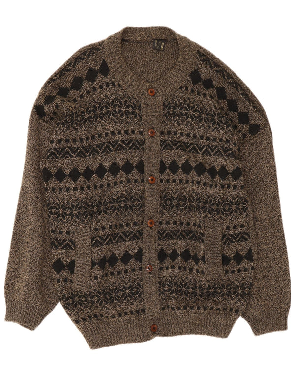 Vintage hombres Cardigan suéter grande gris Fair Isle