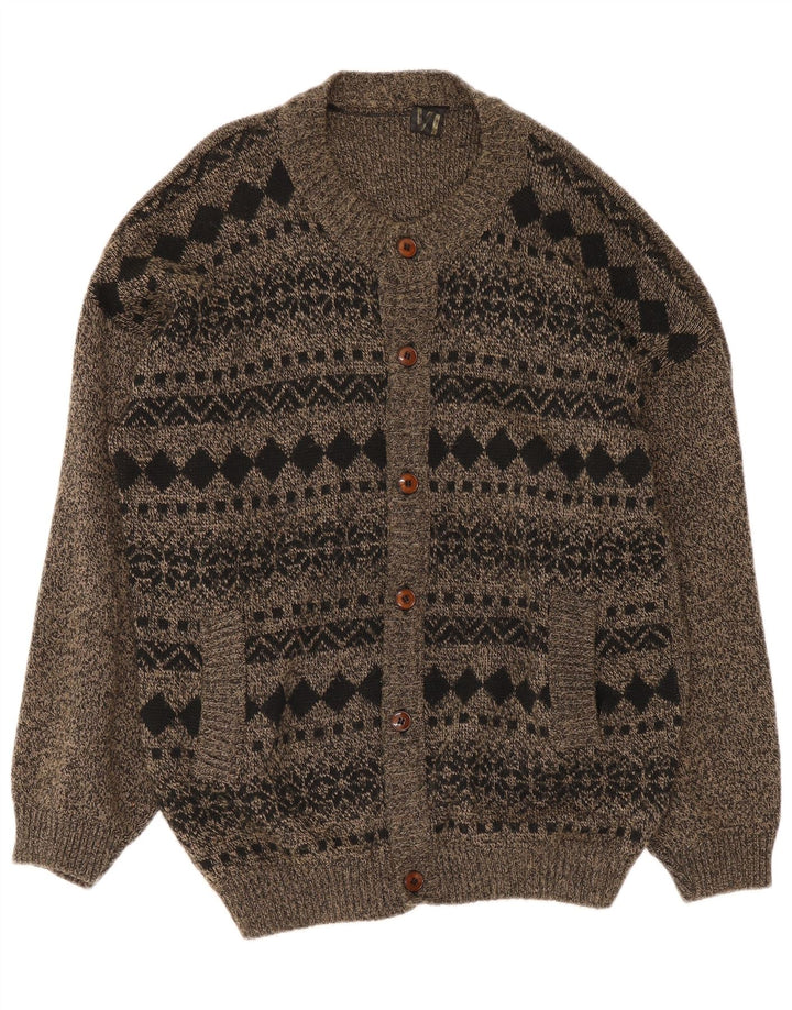 Vintage hombres Cardigan suéter grande gris Fair Isle