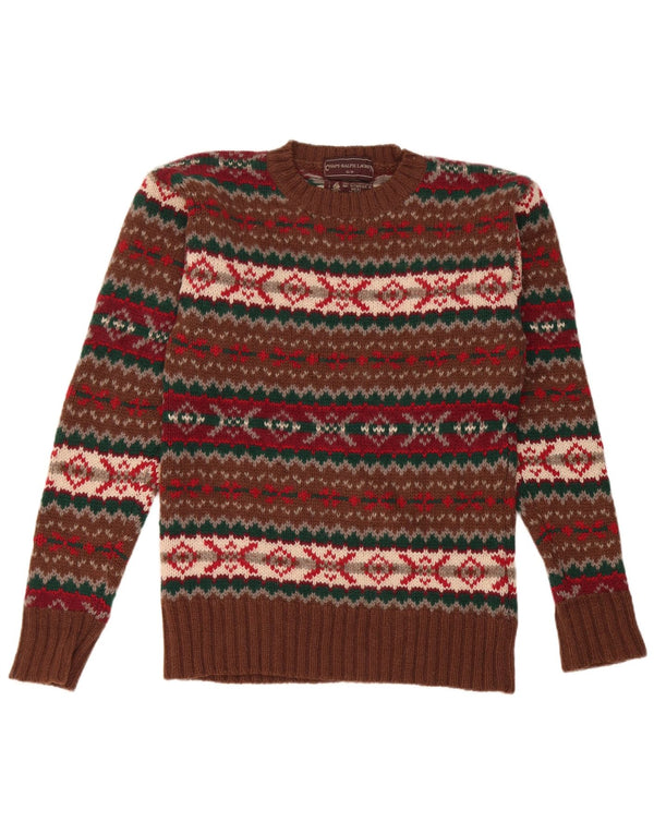 Chaps Hombre Cuello Redondo Jersey Suéter Pequeño Marrón Fair Isle Lana Virgen