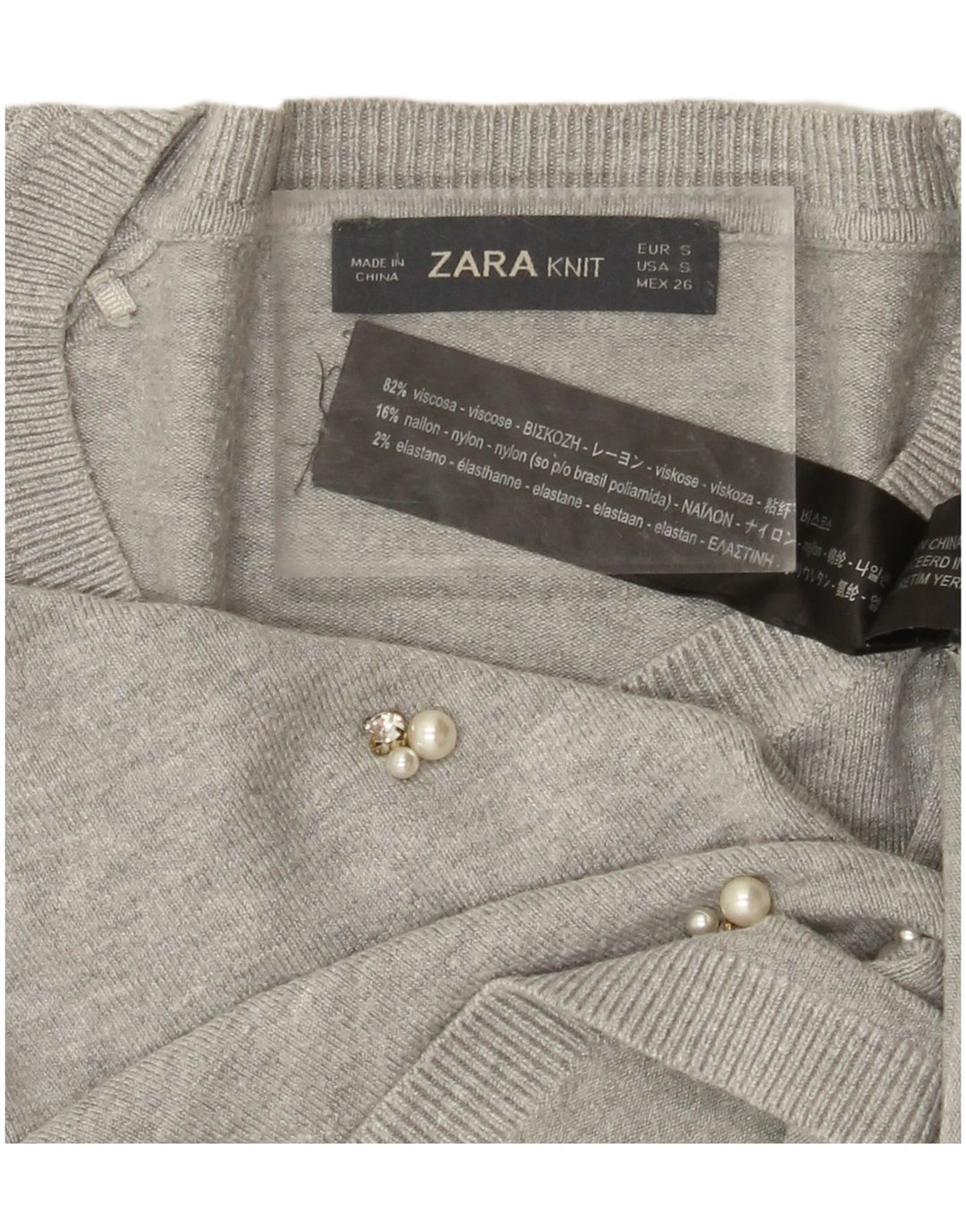 ZARA Suéter tipo jersey con cuello barco y manga 3/4 para mujer UK 40 Small Viscosa gris