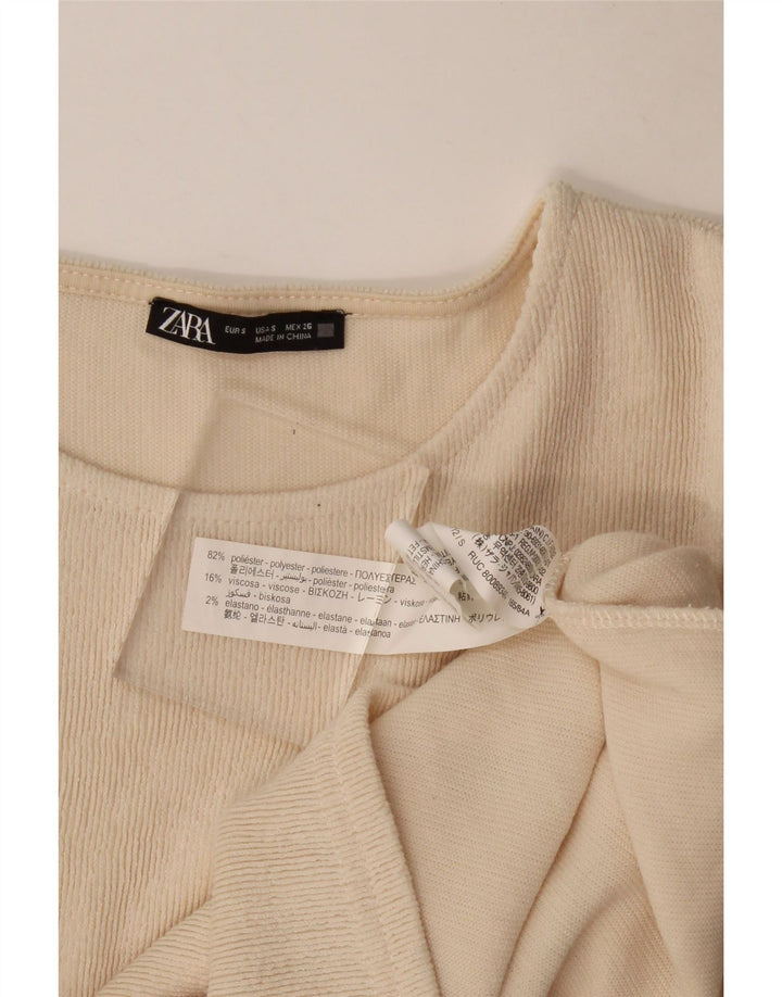 Zara Mujer Crop Blusa De Manga Larga Top UK 10 Small Beige Poliéster