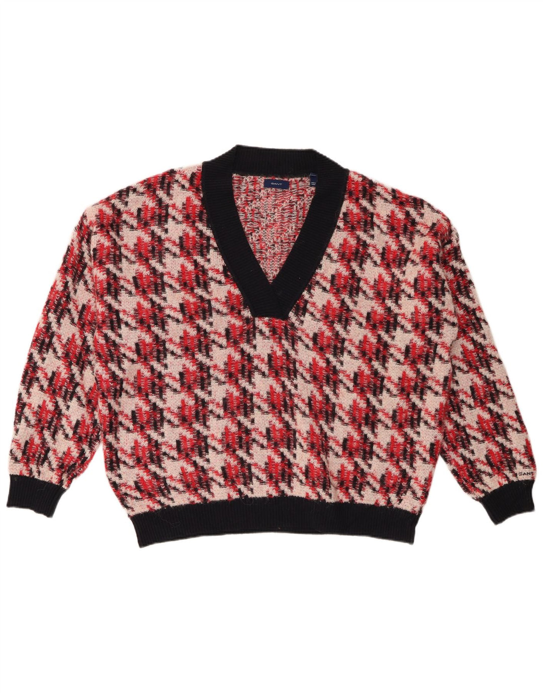 GANT Suéter tipo jersey de gran tamaño con cuello en V para mujer UK 46 Large Red Houndstooth