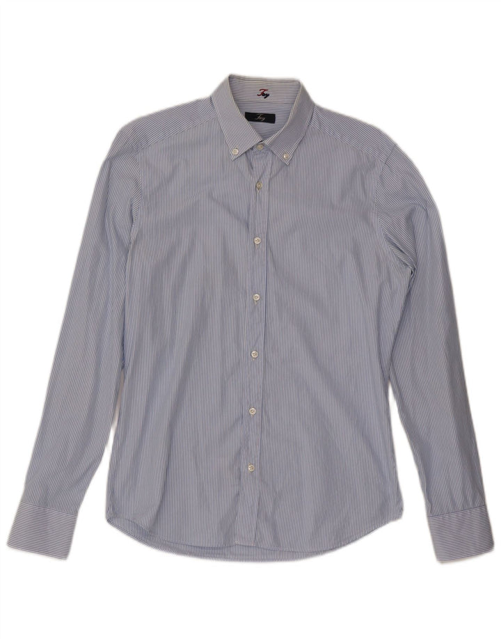 Fay Camisa Hombre Talla 39 15 1/2 Algodón Rayas Azul Medio