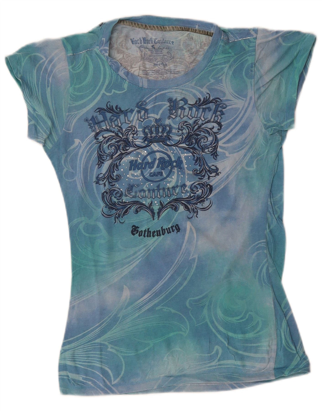 HARD ROCK CAFE Camiseta gráfica de alta costura para mujer Top UK 8 Small Blue Tie Dye