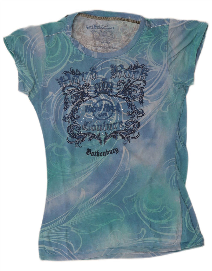 HARD ROCK CAFE Camiseta gráfica de alta costura para mujer Top UK 8 Small Blue Tie Dye