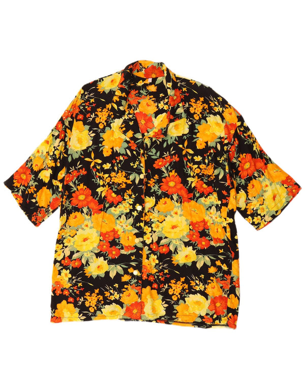 Vintage mujer manga corta suelta ajuste camisa Reino Unido 10 pequeño negro floral retro
