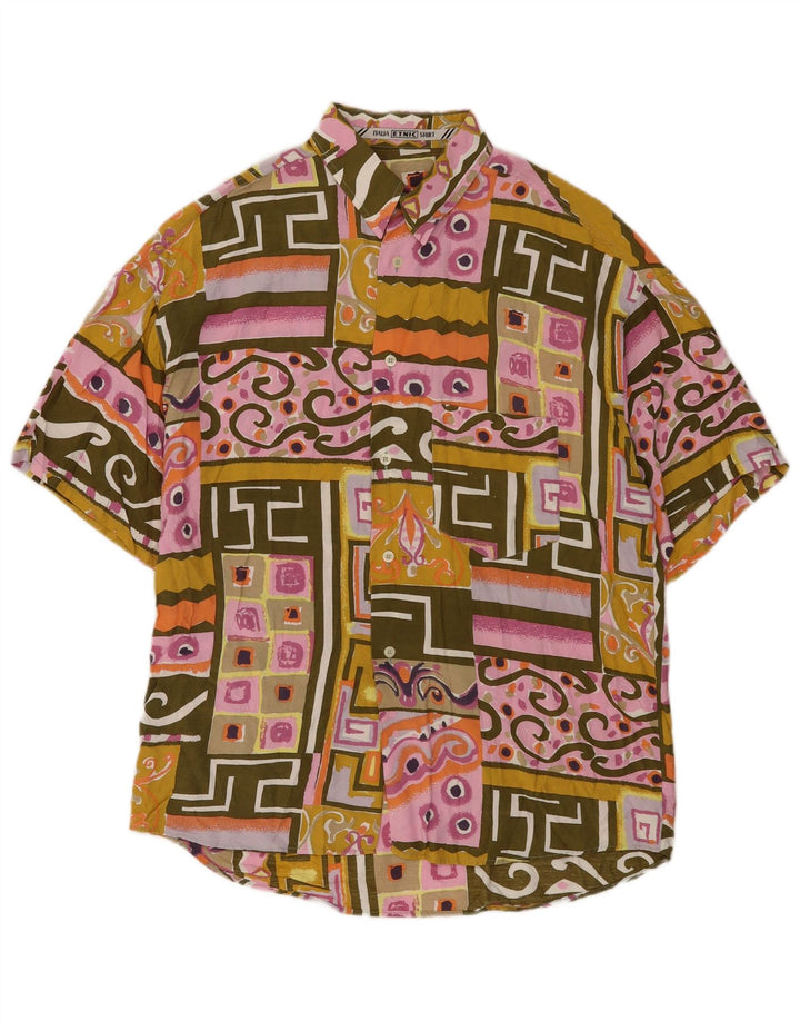 Vintage hombres camisa de manga corta grande multicolor patchwork viscosa