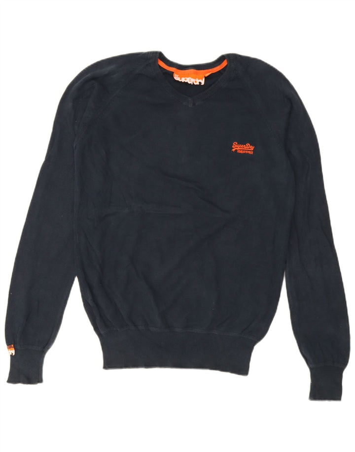 Superdry Jersey con cuello en V para hombre, talla pequeña, algodón azul marino