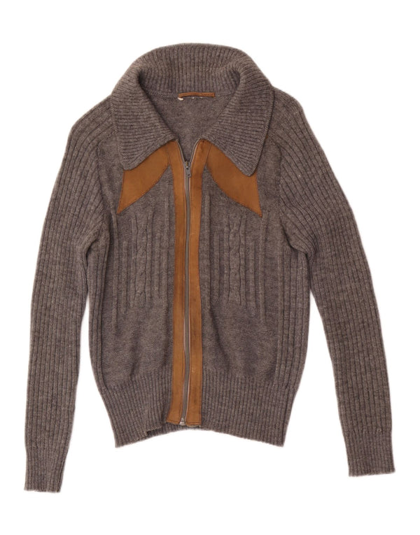 Vintage mujer completo zip cardigan suéter Reino Unido 4 XS gris colorblock