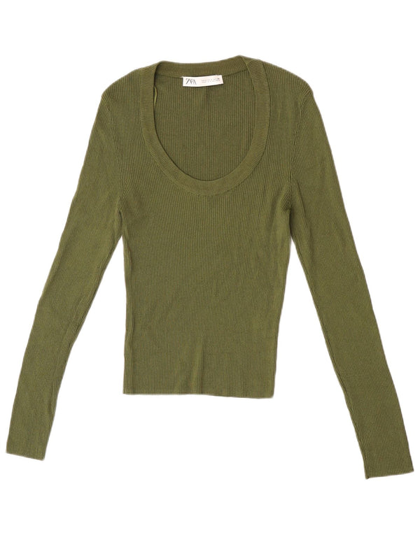 Zara Mujer Top Manga Larga UK 44 Large Viscosa Caqui
