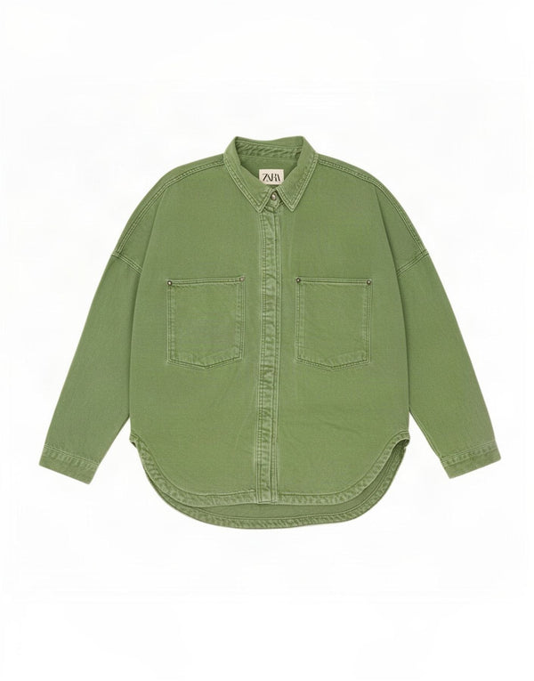 Zara Mujer Camisa Vaquera Extragrande UK 44 Algodón Verde Medio