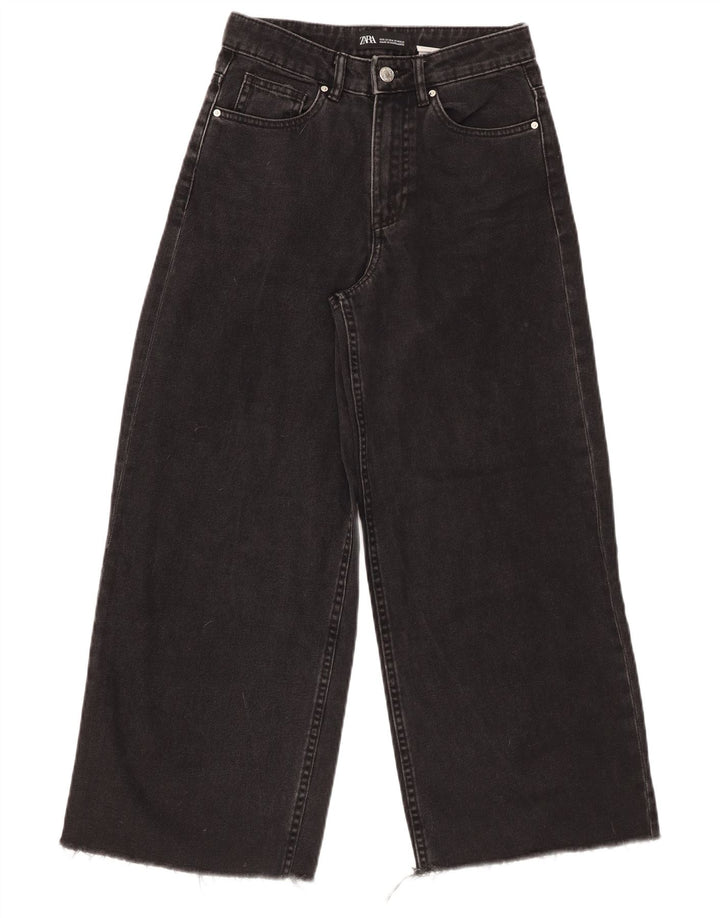 ZARA Mujer Vaqueros Crop De Pierna Ancha De Talle Alto W22 L25 Algodón Negro
