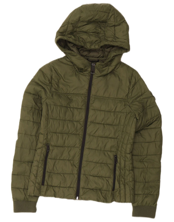 Hollister Mujer Chaqueta Acolchada Con Capucha UK 10 Small Caqui Nylon