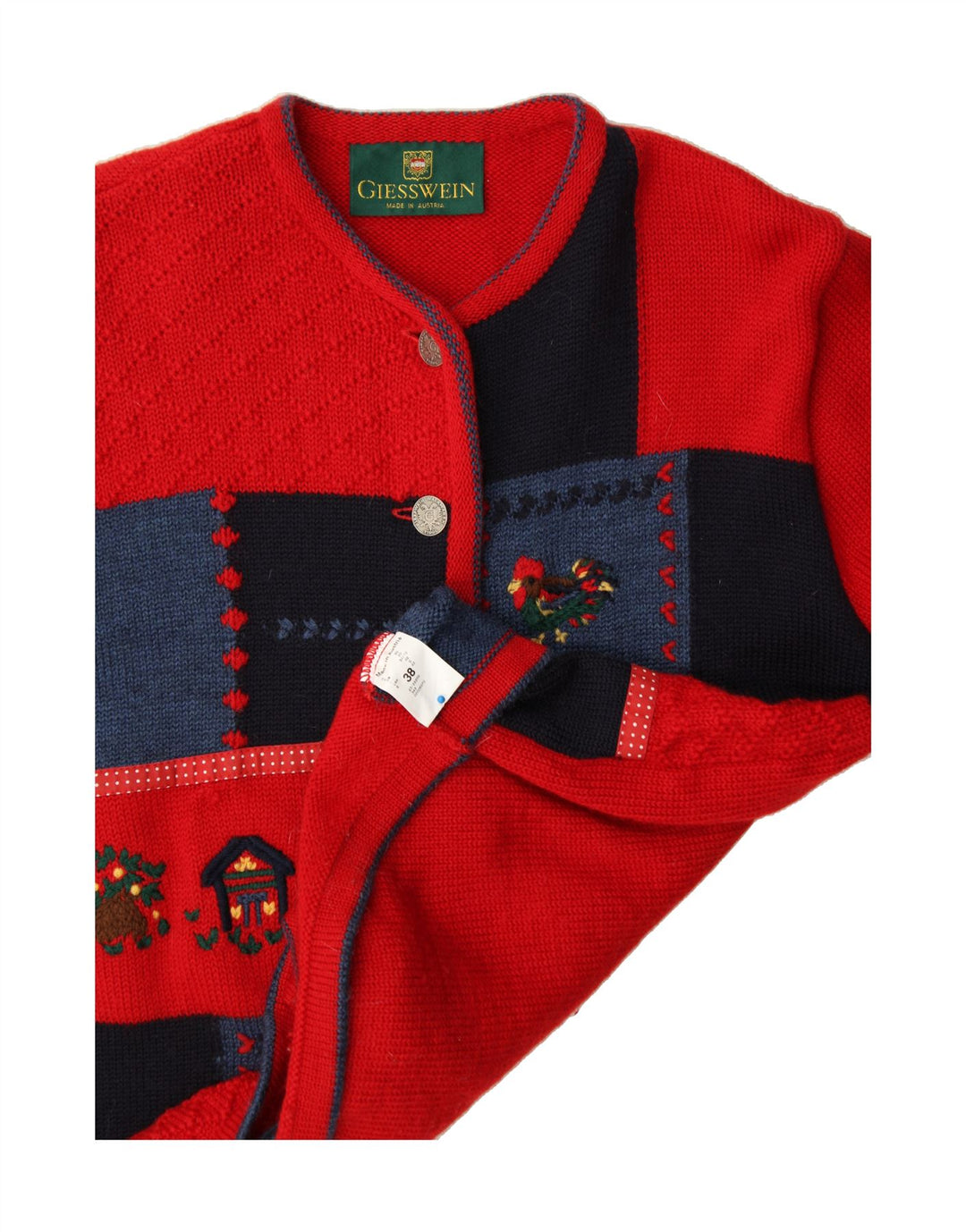 GIESSWEIN Suéter cárdigan para mujer Reino Unido 12 Lana virgen de patchwork rojo mediano