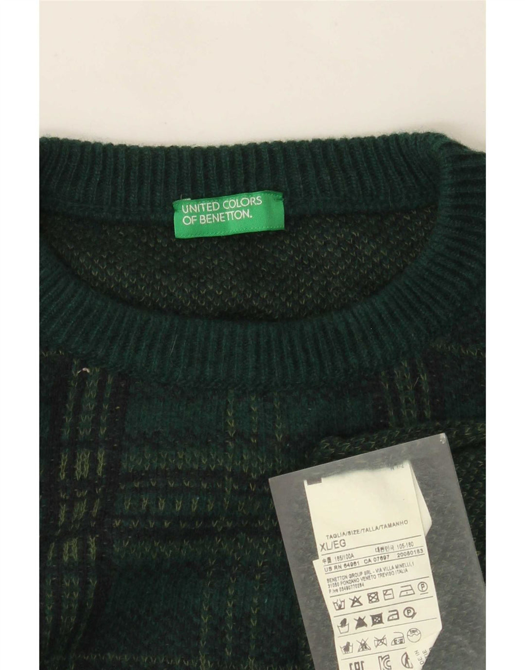 Benetton Jersey De Cuello Redondo Hombre XL Lana A Cuadros Verde