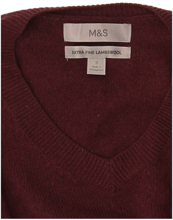 Marks & Spencer Jersey con cuello en V para hombre pequeño de lana de cordero color burdeos