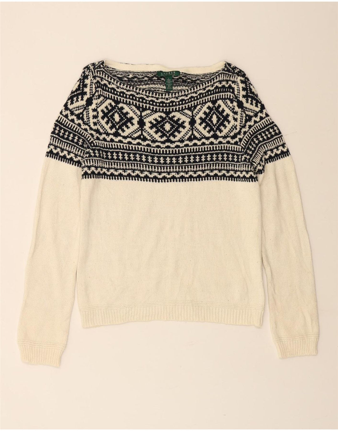 RALPH LAUREN Suéter tipo jersey con cuello barco para mujer Reino Unido 16 Grande Blanco roto