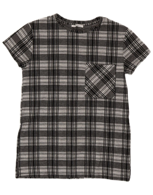 ZARA Blusa larga de manga corta para mujer Top UK 10 Small Black Plaid