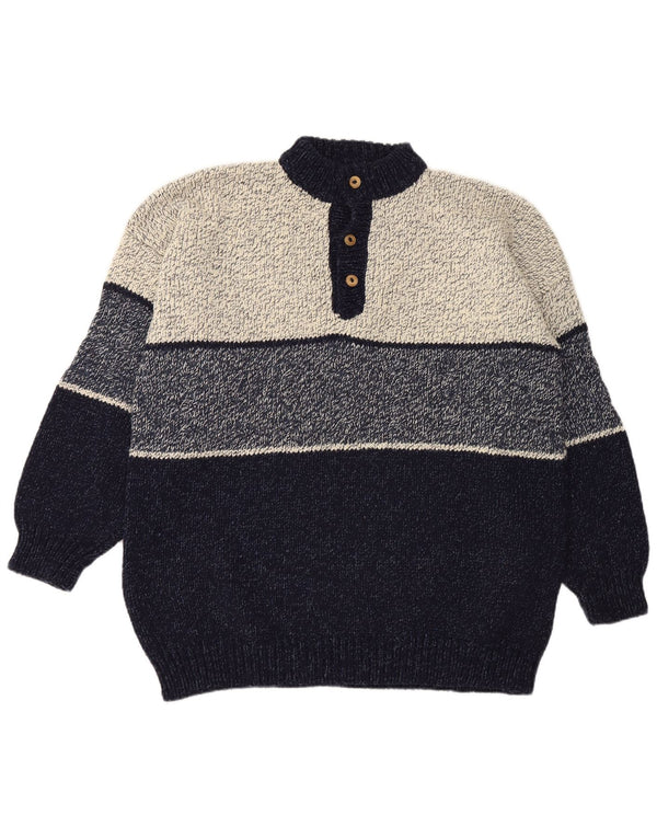 Vintage hombres botón cuello jersey suéter 2XL azul marino colorblock