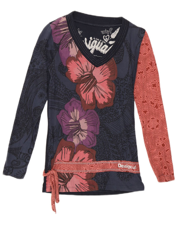 Desigual Mujer Gráfico Top Manga Larga Reino Unido 8 Pequeño Azul Marino Floral Algodón