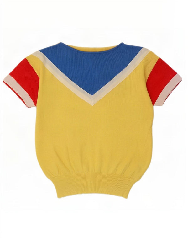 Vintage mujer barco cuello jersey suéter Reino Unido 10 pequeño bloque de color amarillo