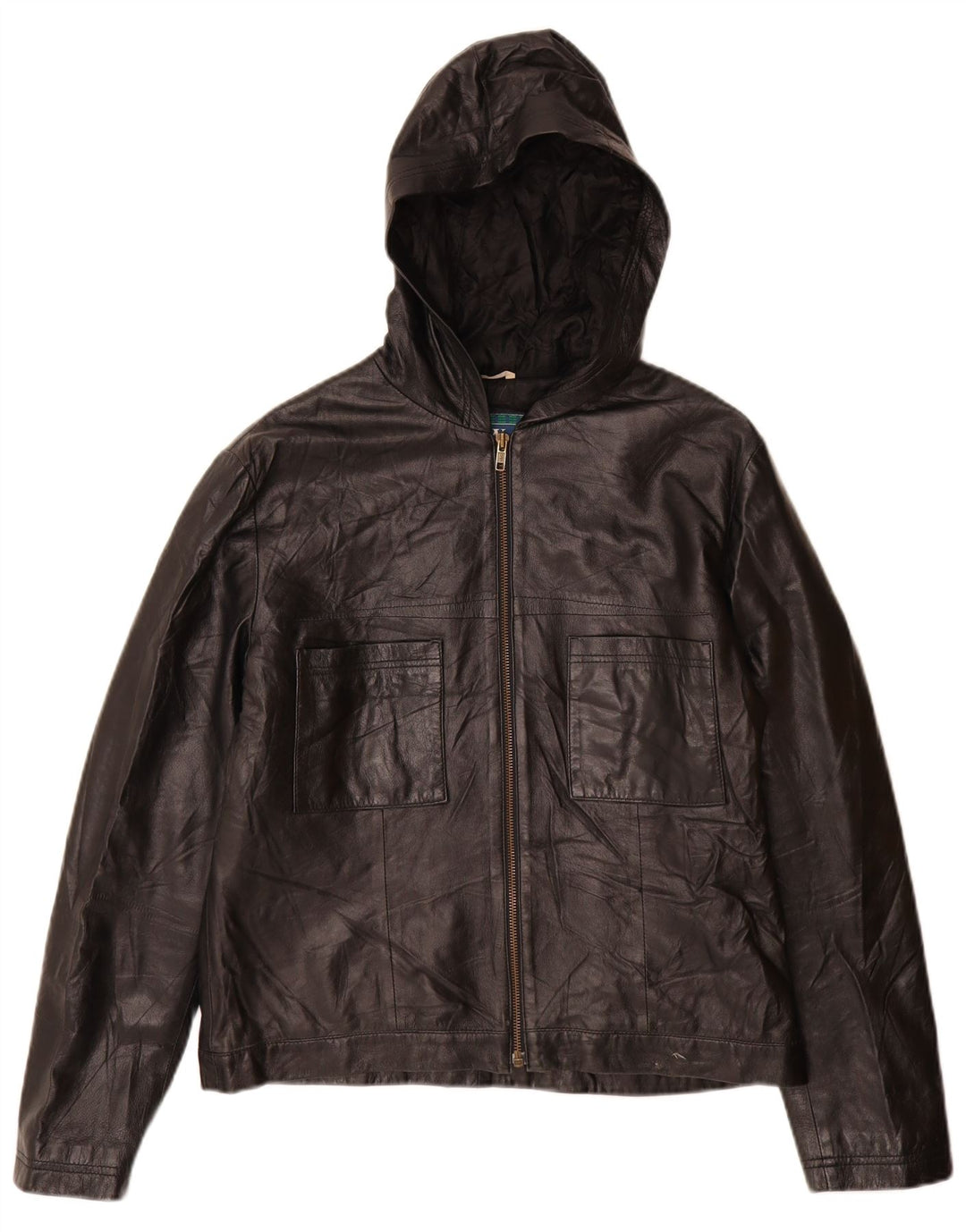Vintage mujer chaqueta de cuero con capucha IT 46 cuero negro grande